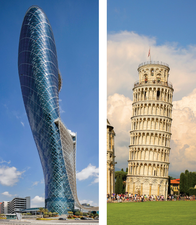 On right is a modern building leaning slightly and the other image is of the Leaning Tower of Pisa
