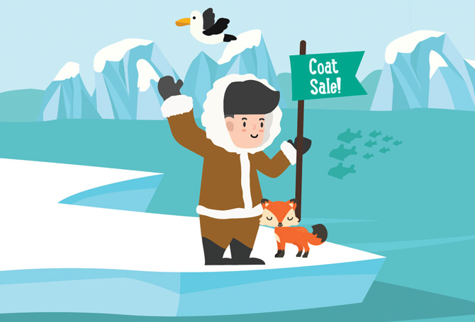 Illustration of person with a fox and seagull on an icy island with flag pole that reads, Coat Sale