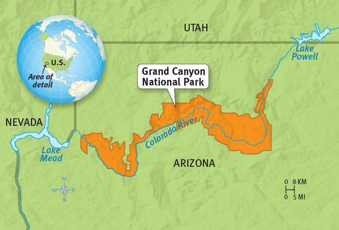 A map shows the location of the Grand Canyon in Arizona.