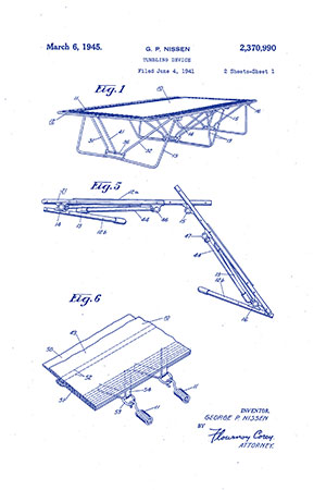 Three figures, sketched in 1945, showing different parts of a a trampoline