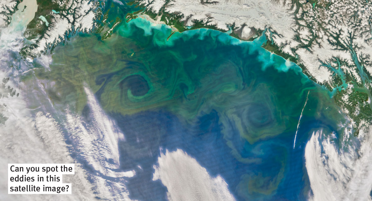A satellite image of huge green swirls in blue water