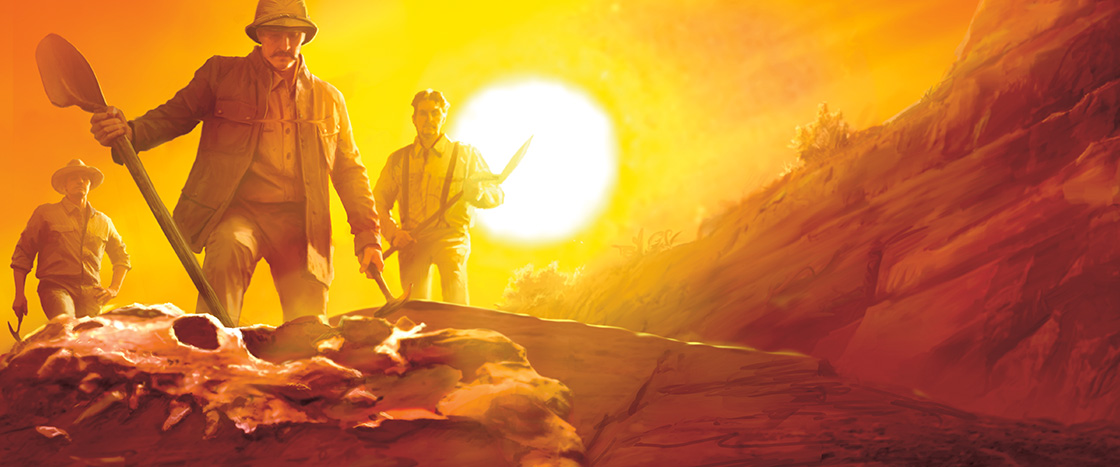 Illustration of scientists hunting for fossils in the hot heat of the day