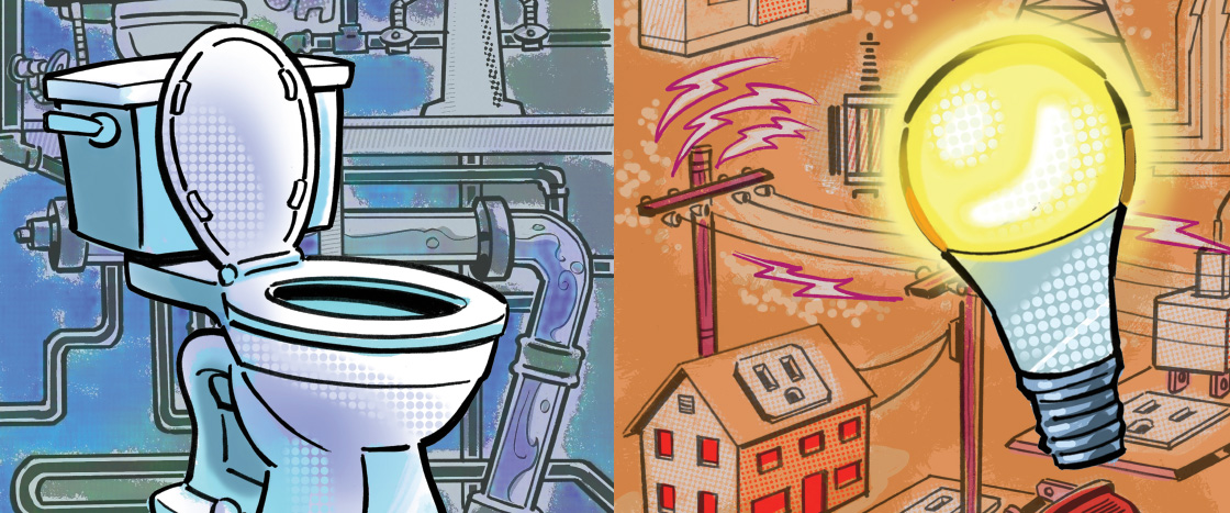 Illustration of a toilet and illustration of a lightbulb