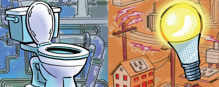 Illustration of a toilet and illustration of a lightbulb
