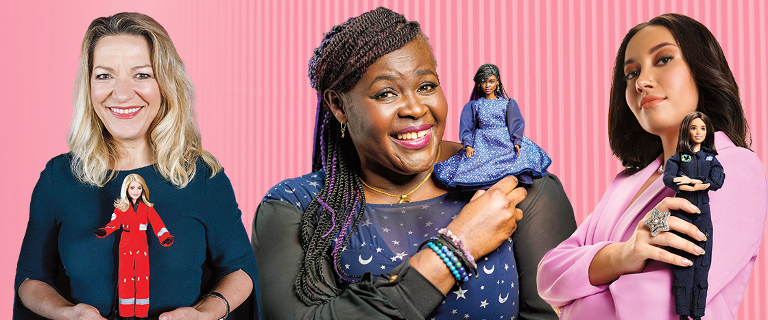 Image of three remarkable women holding doll versions of themselves