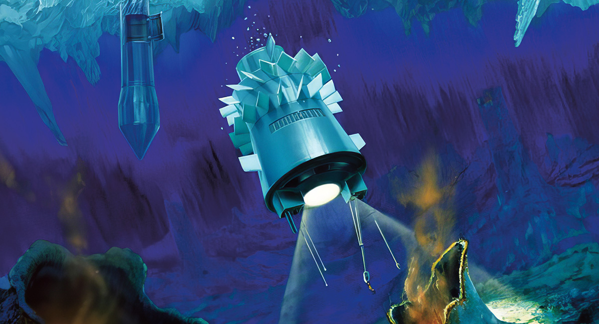 Digital image of a cryobot navigating through Europa's waters