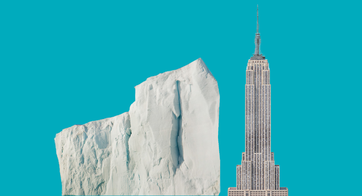 Image of an ice berg next to the Empire State Building and it is almost as tall