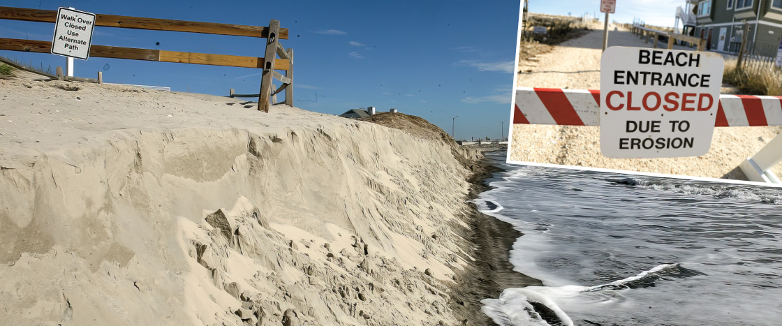 Images showing an eroded beach with signs that beach is closed