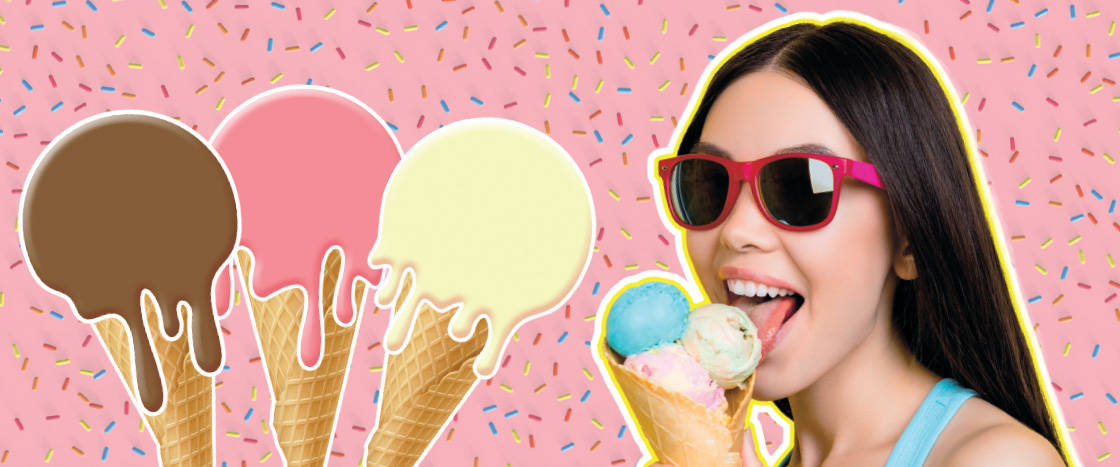 Image of three ice cream cones and a teen eating ice cream