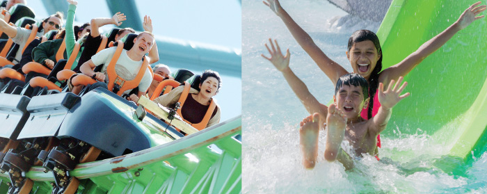 Image of people on a rollercoaster and image of people going down water slide
