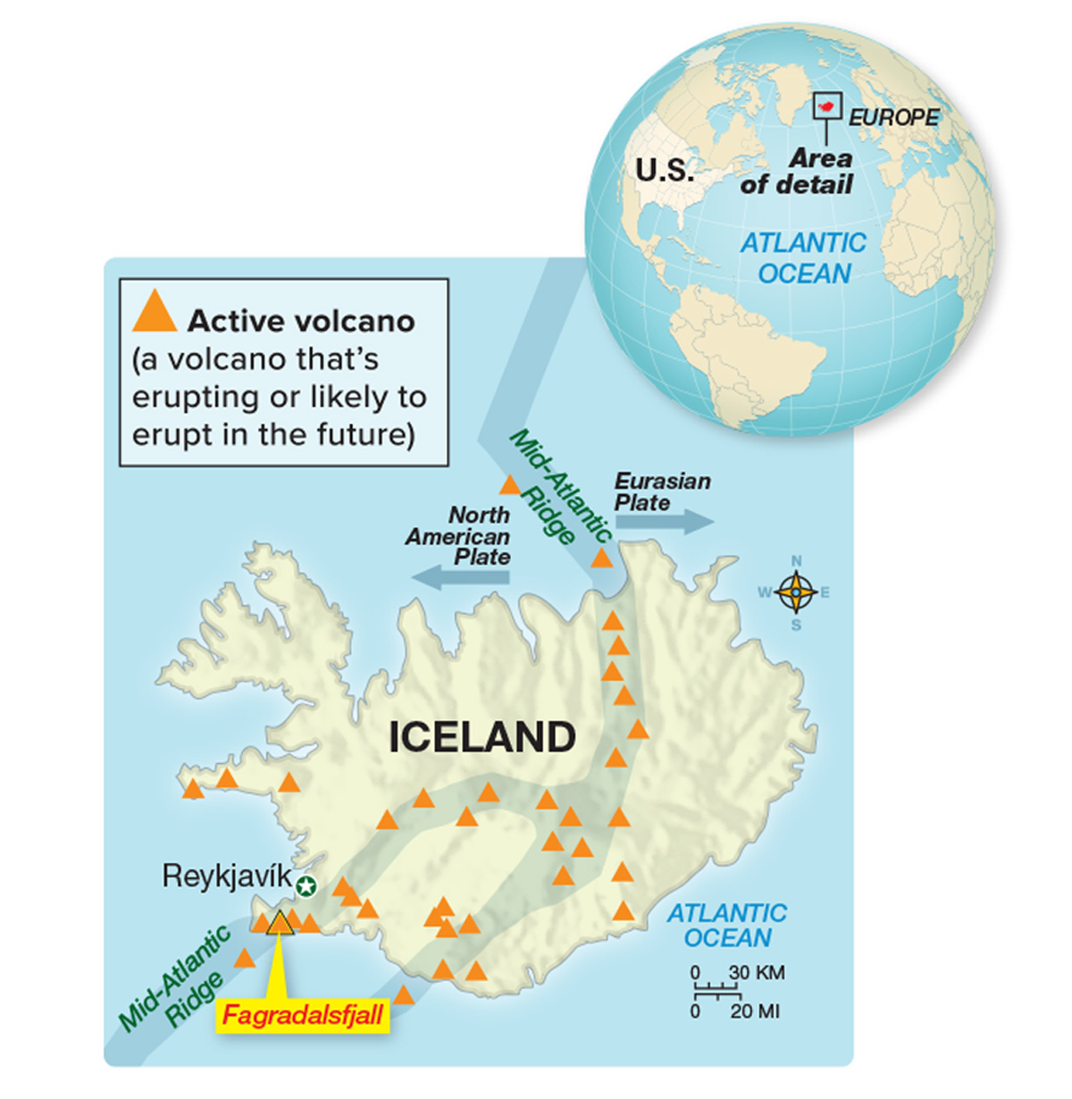 Map showing the active volcanoes in Iceland
