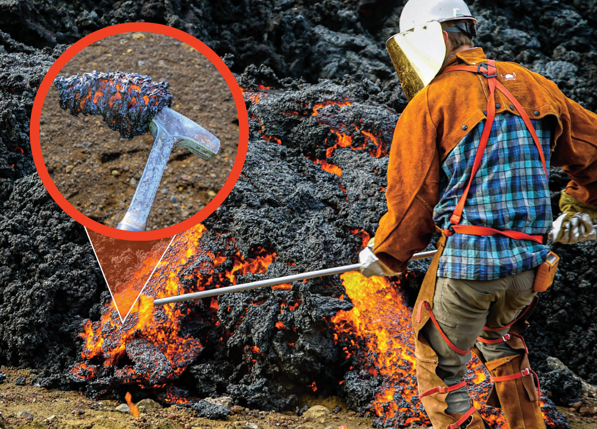 Photo of a scientists gathering lava with a tool