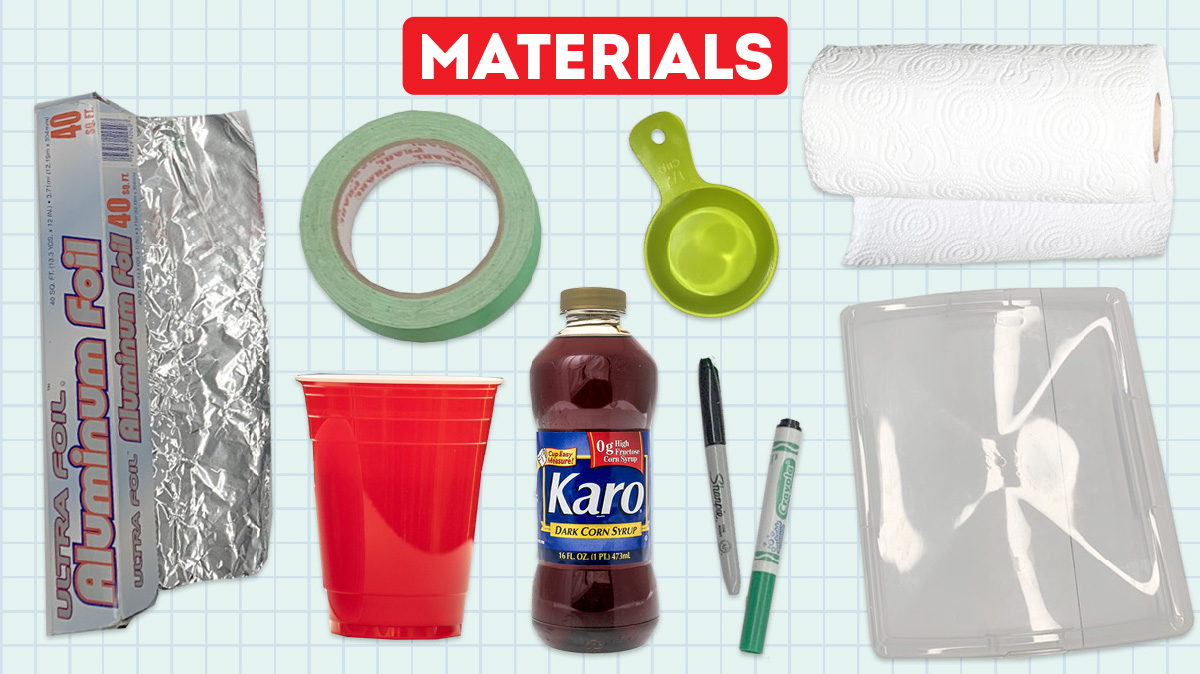 Image of the materials needed to make a model volcano including tape, markers, paper towels, etc