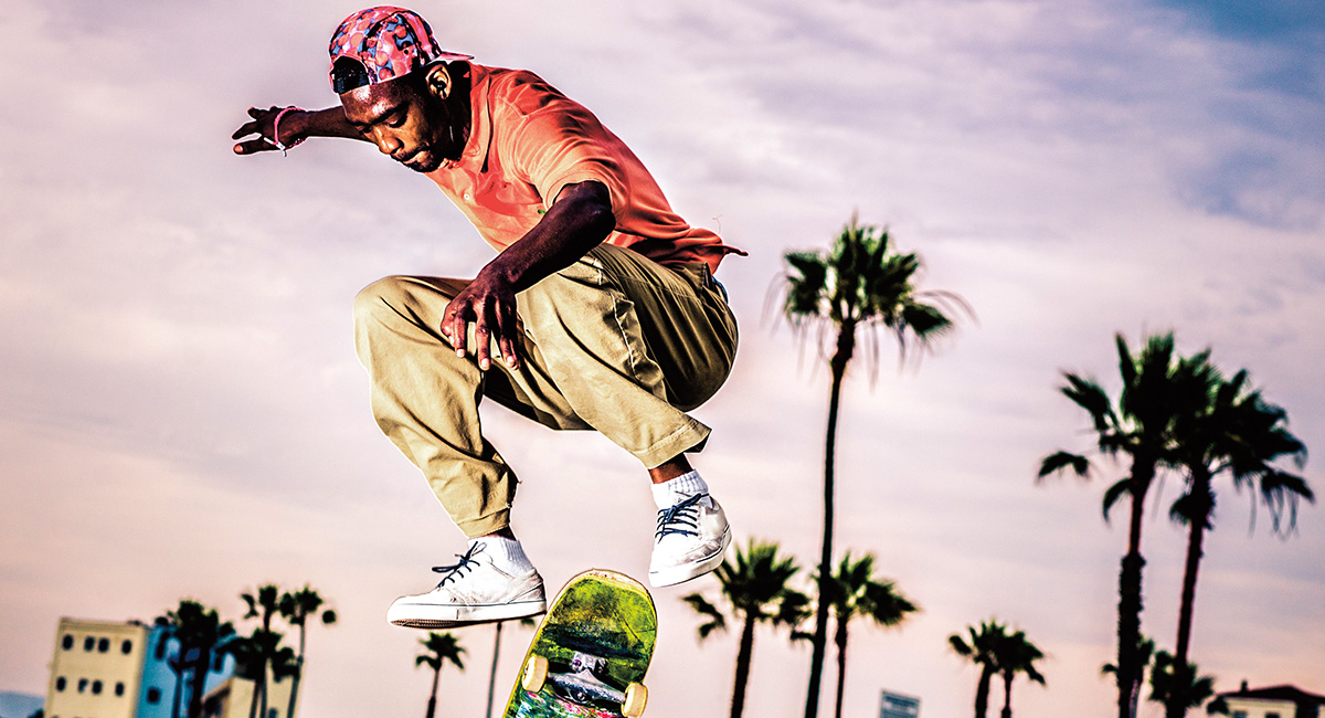 Photo of skateboarder performing a trick with palm trees in the background