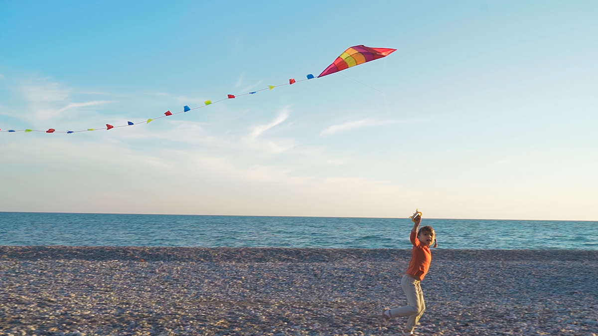 Image of a person flying a kite on a beach