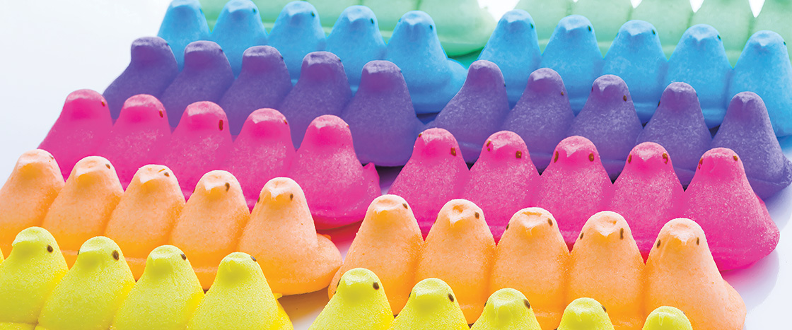 Image of rows of colorful peeps