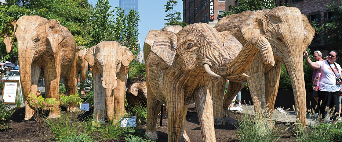 Image of life-size wooden elephant statues in New York City