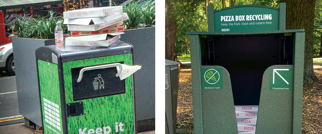 Image of recycling bin with stacks of pizza boxes on top and image of bin made for pizza boxes