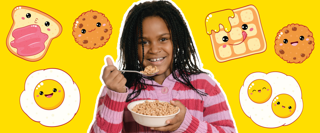 Image of child eating cereal while surrounded by a variety of breakfast food
