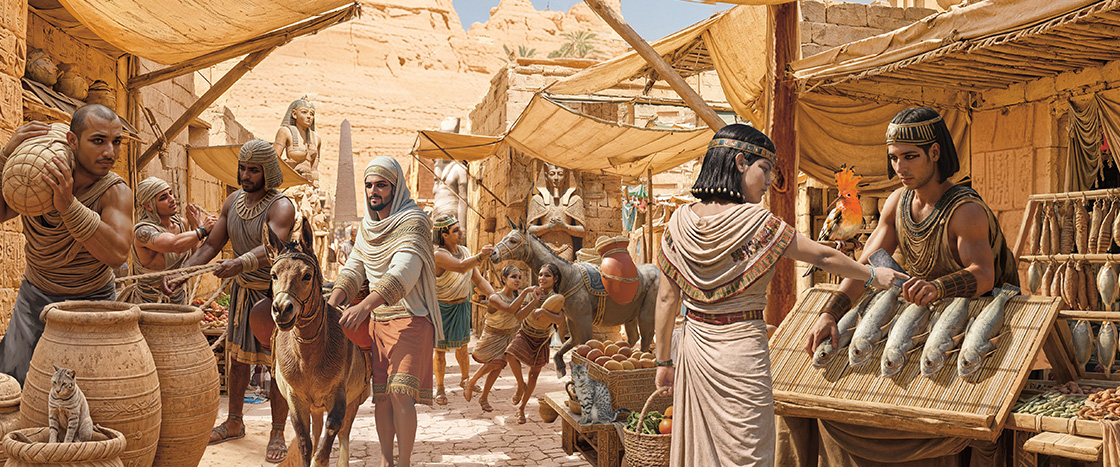 Digital illustration of life at a market in ancient Egypt