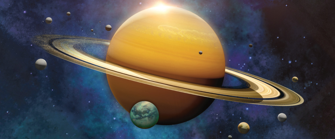 Digital illustration of Saturn with its orbiting moons