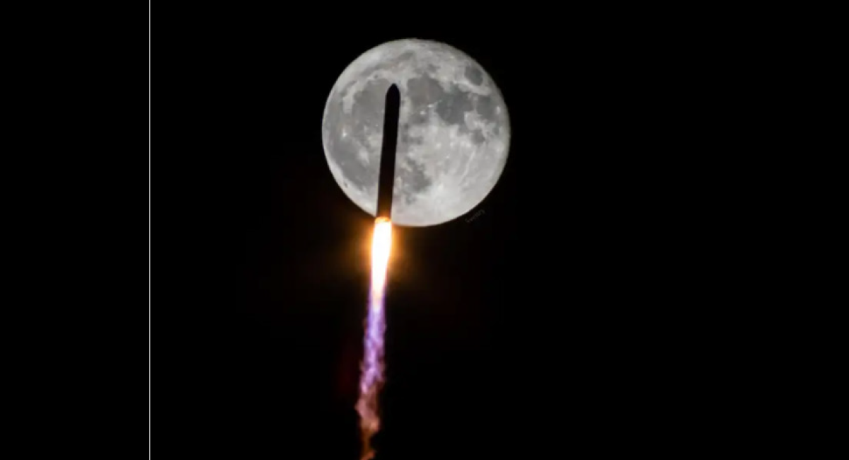 A rocket blasting off with a huge full moon in the background