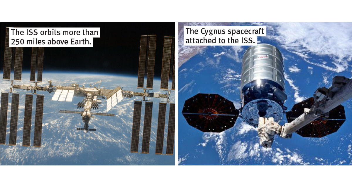 A photo of the International Space Station next to a photo of a barrel-shaped spacecraft