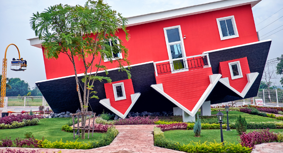 Image of a red upside-down house