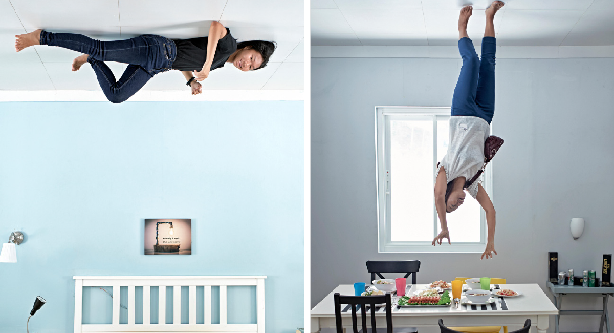 Two images, person on ceiling with bed on floor and one of person on ceiling with table on floor