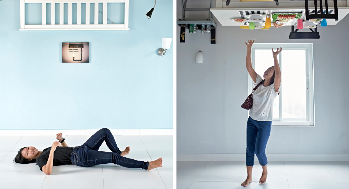 Two images, person on floor with bed on ceiling and one of person on floor with table on ceiling