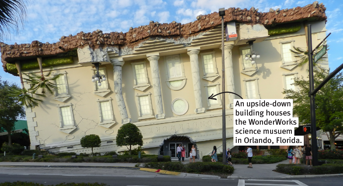 Upside-down house with a fact about it